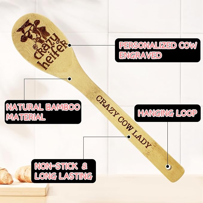6PCS Cow Gifts for Women, Unique Cow Print Bamboo Spoons Set with Cute Keychain, Kitchen Gifts for Women Mom Sister Bestie