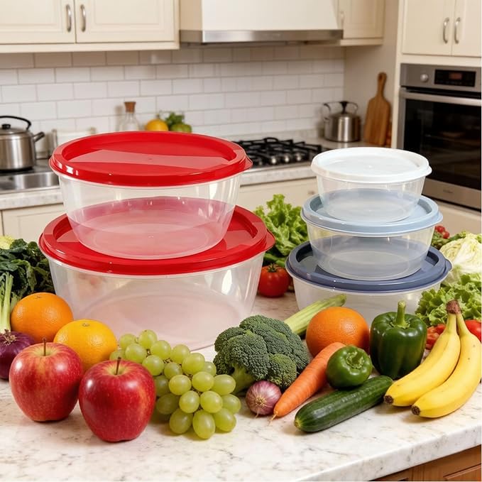 5-Piece Plastic Mixing Bowl Set with Lids for Kitchen, Nesting Kitchen Bowl Set for Mixing Baking, Prepping, Cooking & Food Storage Microwave Safe (Red)