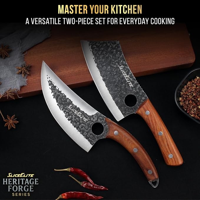 SliceElite 2PCS Hand-Forged Butcher Knife Set | Cleaver & Viking Knives for Meat Cutting | Professional Chef Knife Gift Box, Perfect BBQ Tool for Men