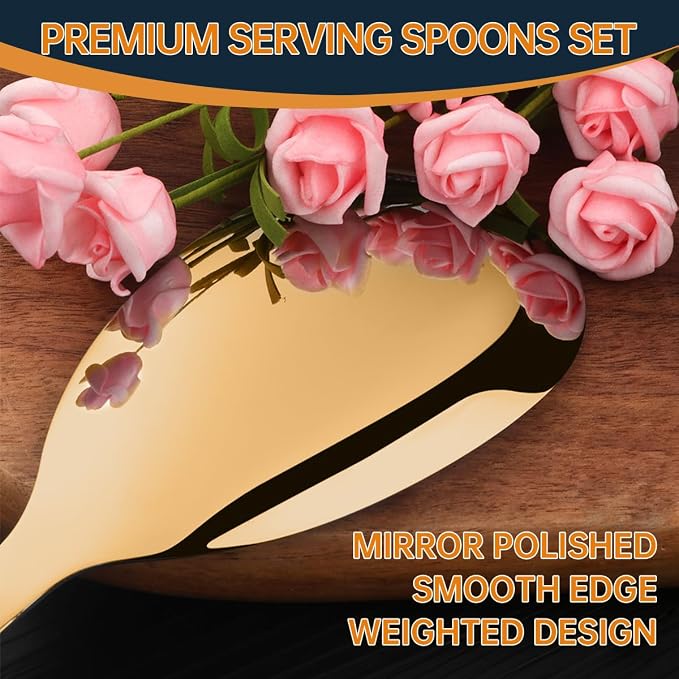 13-Inch Large Stainless Steel Serving Spoons Set, Long Handle Buffet Utensils, Dishwasher Safe (Gold, 6 piece)