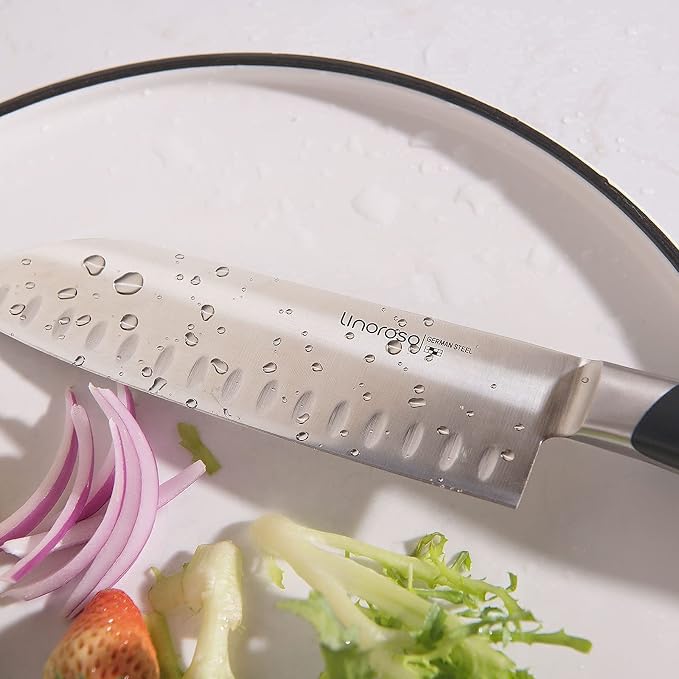 linoroso Santoku Knife 7 inch Meat Kitchen Asian Chef Knife, German High Carbon Stainless Steel Chopping Knife with Full Tang Ergonomic Handle for Home Kitchen and Restaurant