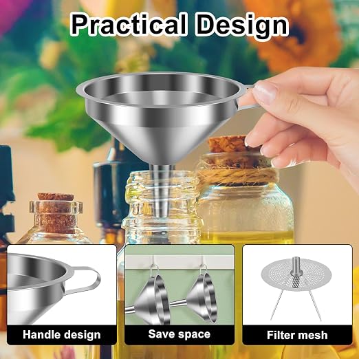 2027 Stainless Steel Filter Funnel,7 Pack Funnel Set | 4 Sizes 2.2-5.9 Inches Food Grade 304 Metal Kitchen Funnels with 3 Fine Mesh Strainers for Filling Bottles, Canning, Oil