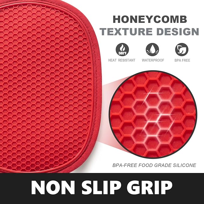 RORECAY 2-Pack Silicone Pot Holders for Kitchen, Hot Pads with Pocket, Red | Heat Resistant up to 500°F, Quilted Cotton Potholders, Non-Slip & Waterproof Trivets for Hot Pots, Pans, and Countertops
