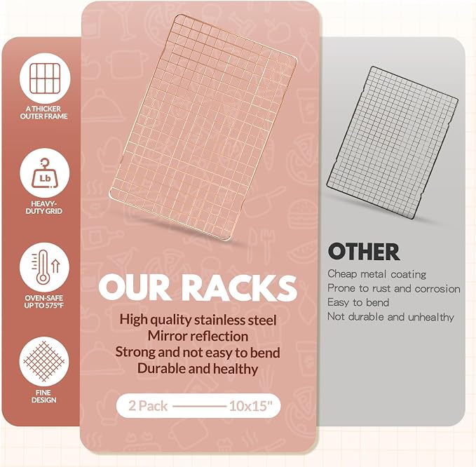 2 PCS Cooling Racks for Cooking and Baking, 15x10 Inches Stainless Steel Cooling Rack, Sheet Pan with Wire Rack for Baking Sheet, Bacon Rack Oven Safe Fits Jelly Roll Sheet Pan