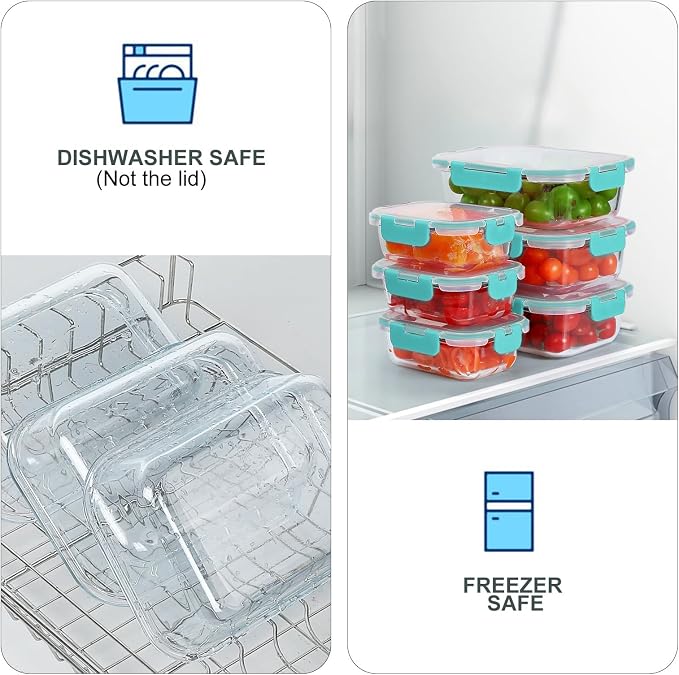 10 Pack Glass Food Storage Containers with Lids, Green | Meal Prep Containers Set, Airtight Glass Lunch Boxes, BPA-Free, Freezer, Oven, and Microwave Safe