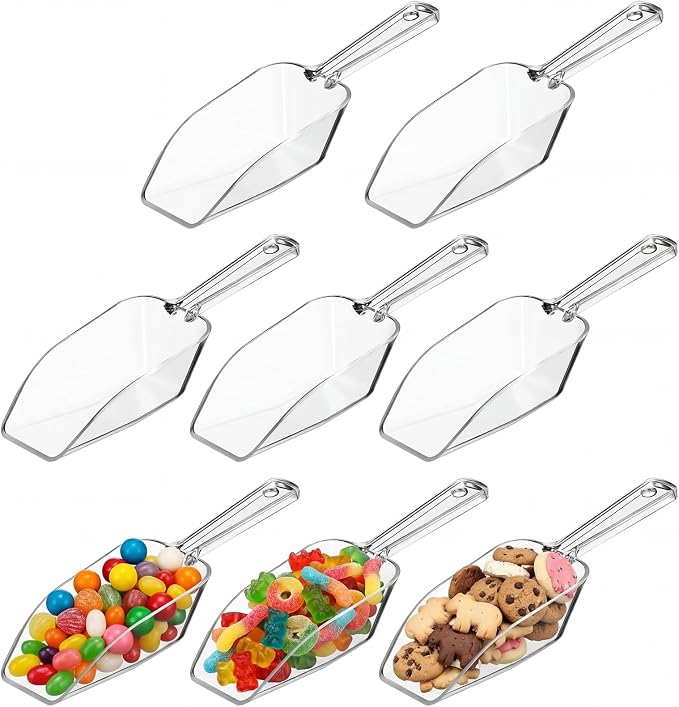 HESTYA 8 Pcs Multi Purpose Clear Plastic Scoops for Candy Buffet Acrylic Kitchen Ice Food Popcorn Scoops for Protein Powders, Ice Cream, Coffee, Tea Jar, 6.7 Inch
