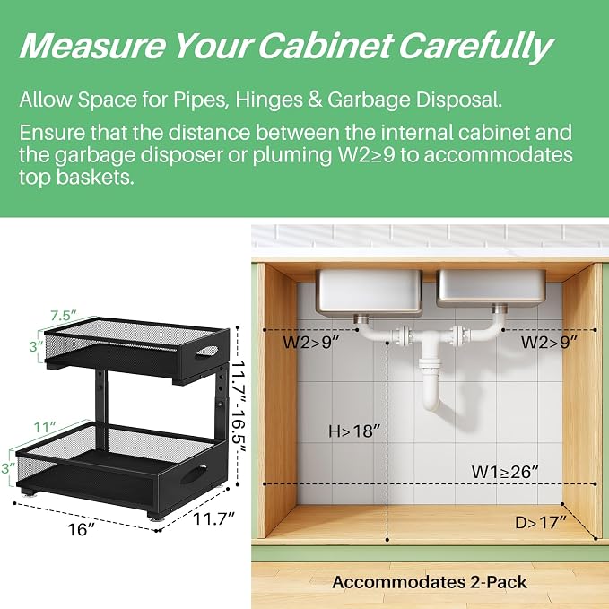 Under Sink Organizer, 1-Pack Pull Out Cabinet Organizer 2 Tier Metal Slide Out Storage Shelf Rack, L-Shaped Adjustable Height,Mesh Sliding Drawer for Kitchen, Bathroom, Laundry, Pantry, Black, XL