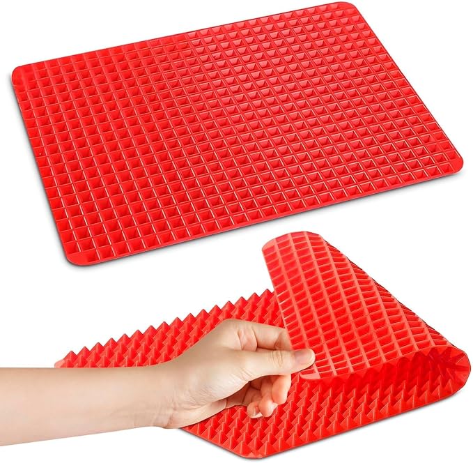 Red Silicone Baking Mat, 16 x 11.42 In, Non-Stick, Pyramid Design | Easy-to-Clean Silicone Pyramid Baking Mat; Suitable for Oven & Microwave; Fat Filtering Surface; for Roasting, BBQ, and Bacon