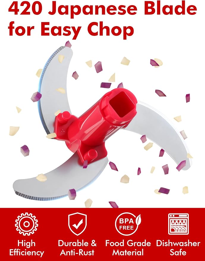 GDL Food Chopper, Pull Onion Chopper Dicer, Hand Powered Food Mincer, Fast Cutting Hand Chopper for Oinon, Garlic, Nut, 3.4 Cups 0.8L, Red