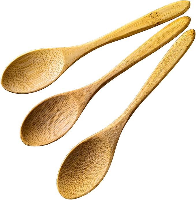 3 PCS: 7 Inch Uncoated Bamboo Spoons for Eating, Wooden Spoons for Honey, Jam, Coffe, Oatmeal, Cereal & Dessert - Handcrafted Non-Metal Eating & Stirring Utensil, Non-Scratch (Breakfast, Kitchen)
