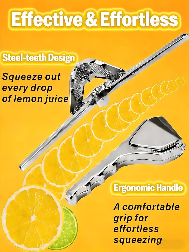 Lemon Squeezer, Stainless Steel Manual Citrus Squeezer, Silver | Effortless to Use, Handheld Lemon Juicer Getting Every Drop of Juice, Easy to Clean, Hand Juicer Fold-Flat Easy to Place