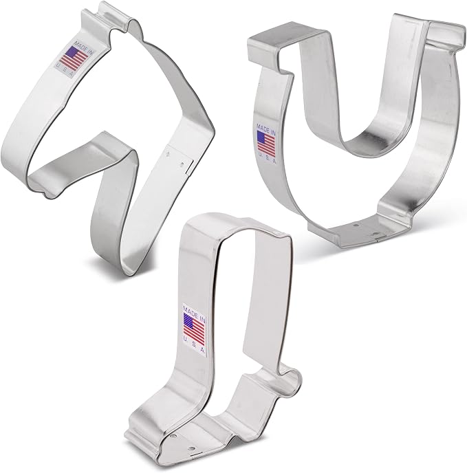 Ann Clark Western/Horse Cowboy Cookie Cutters 3-Pc. Set (Horse Head, Cowboy Boot, and Horseshoe) Made in USA