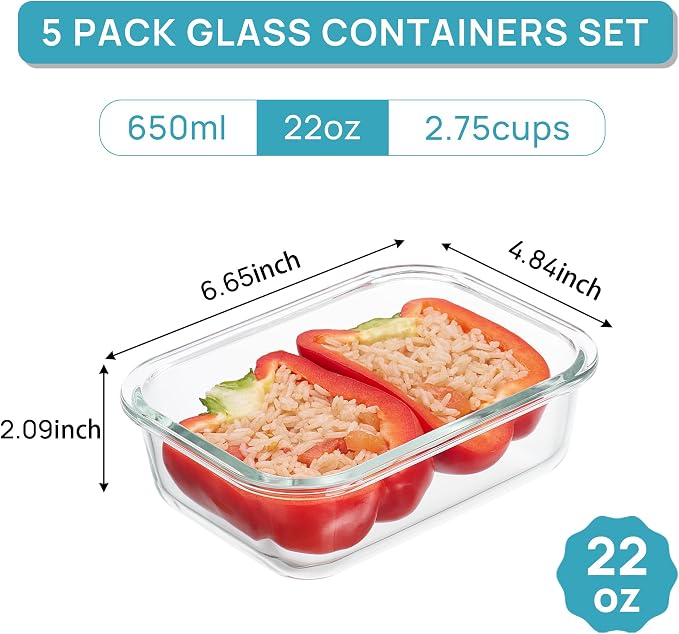 Vtopmart 5Pack 22oz Glass Storage Containers with Lids, Grey | Glass Meal Prep Food Container Sets, Snap Airtight Lid, For Microwave, Oven, Freezer and Dishwasher, BPA Free