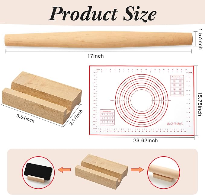 FoldTier Maple French Rolling Pin, Wood Rolling Pins for Baking with Silicone Baking Mat and Wood Base, Christmas Fondant Roller for Pie Crust Cookies Pastry Pizza Dough and Bread