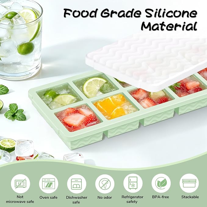 Doasuwish Ice Cube Trays with Lid, 3 Pack 10 Cubes 2 Tbsp. Silicone Ice Cube Trays for Freezer, Perfect for Freezing and Storing Ice Cubes, Chocolates, Sauces, Juices, Fruit Purees and More, BPA Free