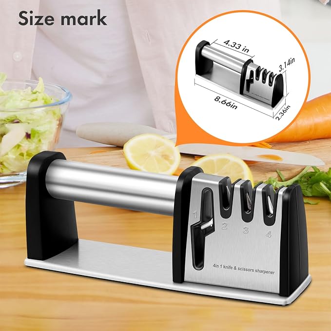 JCHOPE Knife Sharpeners, 4 in 1 Kitchen Blade and Scissors Sharpening Tool, Powerful Professional Chef's Kitchen Knife Accessories, Manual Knife Sharpener Kitchen (Silver), middle