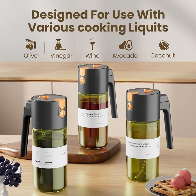 LAKUMIQI 2 in 1 Oil Sprayer for Cooking, 17oz | Light-Blocking Glass Spray Bottle with Stickers, Oil Dispenser for Salad, Air Fryer & BBQ