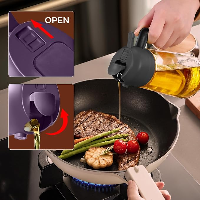 YARRAMATE 16 oz 2-in-1 Glass Olive Oil Sprayer for Cooking, Purple | Food-grade dispenser bottle, 470 ml, spray and pour, portion control, stickers included, for salad, frying and BBQ