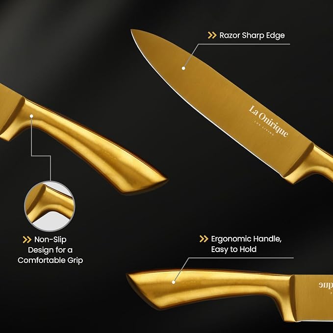 Luxury Silver & Gold Kitchen Knife Set with Block & Rod Sharpener – 8-Piece Titanium-Coated Stainless Steel Knives Set, Super Sharp Cutlery Tools, Stylish Knives Set for Kitchen