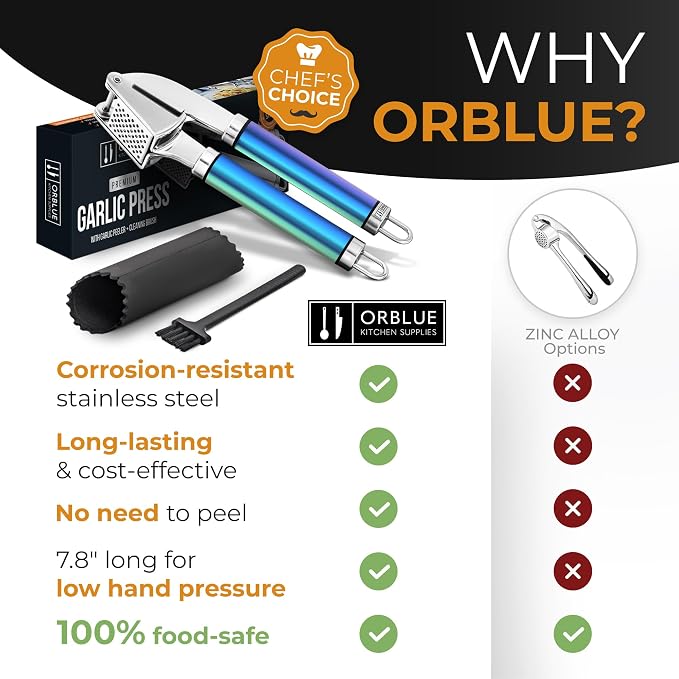 ORBLUE Garlic Press and Peeler Set, Stainless Steel - Professional Grade Mincer, Crusher - Dishwasher Safe & Rust-proof, Multi-colored