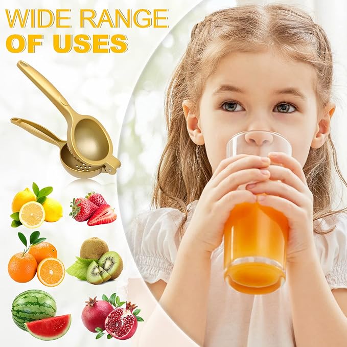 Lemon Squeezer, Heavy Duty Zinc Alloy Manual Citrus Juicer and Lime Squeezer, Handheld Fruit Press for Maximum Juice Extraction, Easy to Clean Metal Hand Juicer for Cooking & Cocktails, Gold