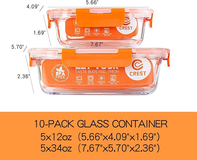 C CREST [10-Pack] Glass Food Storage Containers - Food Prep Containers with Lids - Microwave, Oven, Freezer and Dishwasher Safe