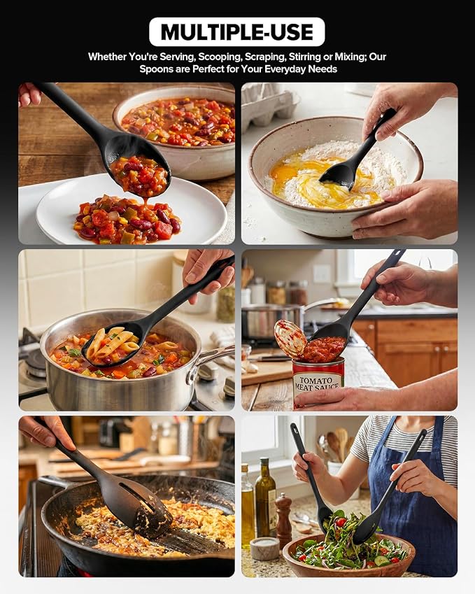 Silicone Cooking Spoons Set, Heat Resistant Kitchen Utensils, Non-Stick BPA Free Solid & Slotted Spoons for Mixing, Scooping, Draining, Serving, Basting (4 Pack) (BLACK)