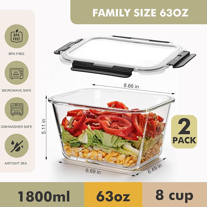 Liuruiyu 2 Pack Large Glass Food Storage Containers with Lids, 63oz Big Meal Prep Containers, Airtight Bento Boxes with Leak Proof Locking for Microwave, Oven, Freezer and Dishwasher, BPA Free