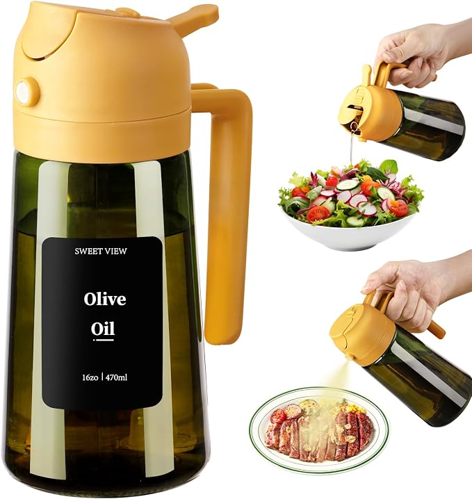 SWEET VIEW Olive Oil Dispenser and Oil Sprayer | 16oz/470ml Glass Light-Proof Oil Pourer for Kitchen Air Fryer, Cooking, Salad, and BBQ, with Stickers