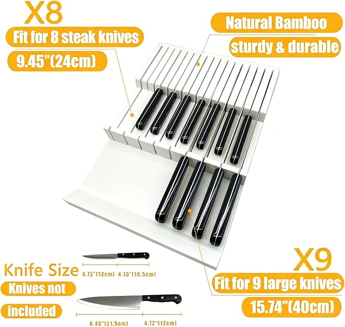 White Painted Bamboo In-Drawer Knife Block, 17 Slot Large Capacity Knife Organizer, Upper and Lower Kitchen Steak Knife Storage Rack - Holds 8 Short Knives + 9 Long Knives