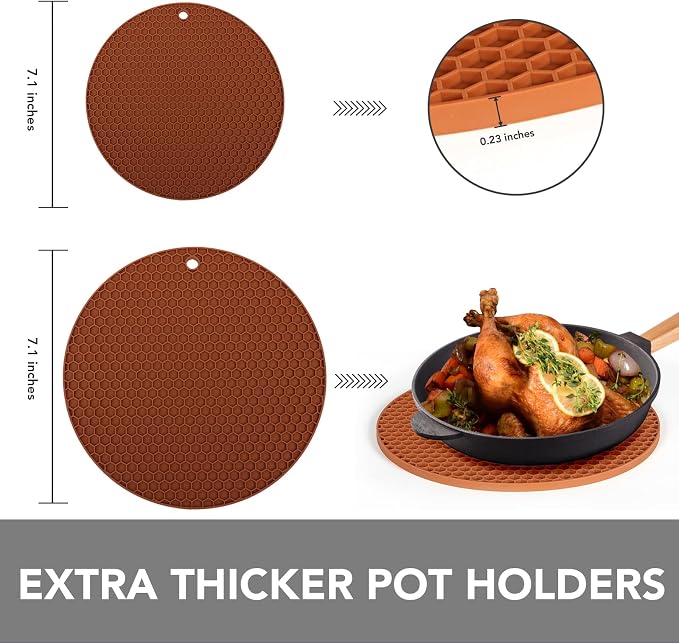 4 Pack Silicone Trivet for Hot Dishes | Heat Resistant Silicone Pot Holders for Kitchen Countertops, Hot Dishes, Jar Opener, Spoon Holder, Easy to Wash, Brown