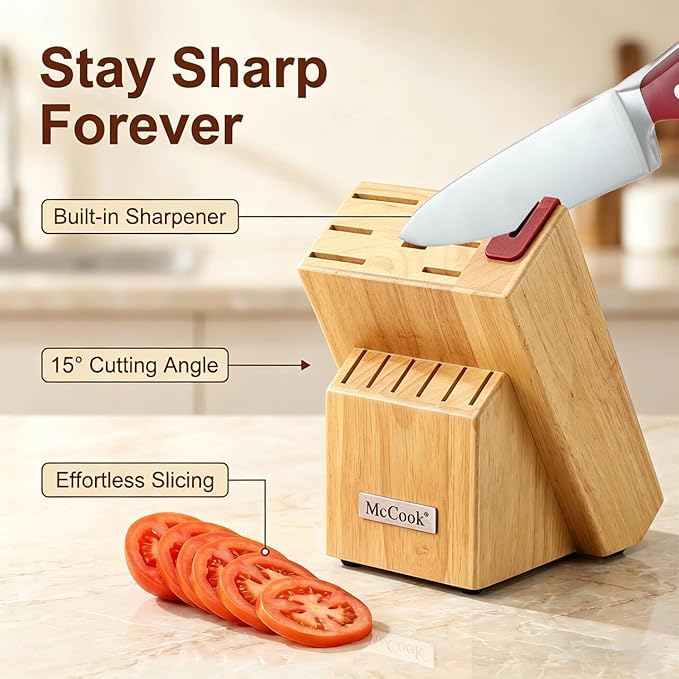 McCook® Knife Sets, High Carbon Stainless Steel Kitchen Knife Block Sets with Built-in Sharpener, 15 Piece, Forged Triple Rivet,Full Tang, Elegant Red & Stylish Wooden Block for Modern Culinary