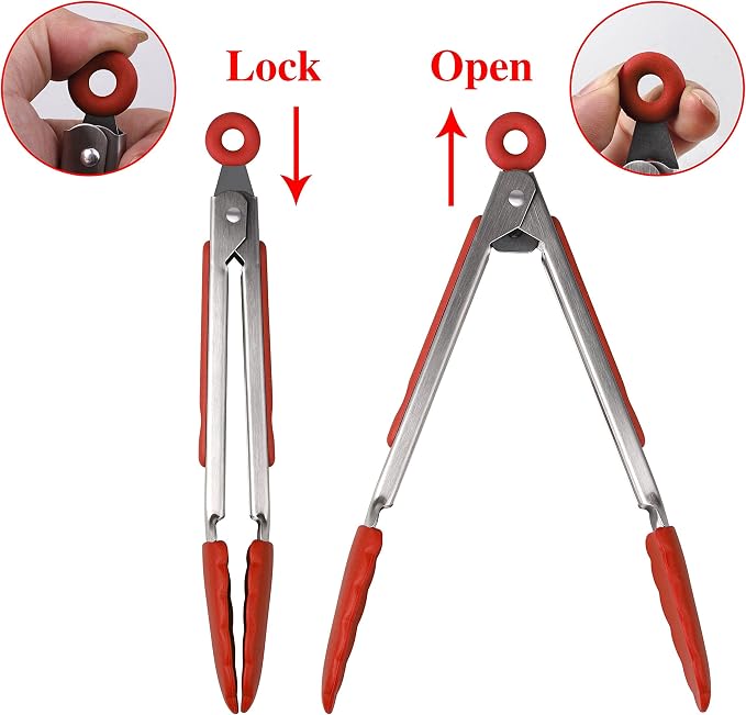 Set of 3 (7, 9, 12 inches) Kitchen Tongs for Cooking - Heavy Duty & Non-Stick with Stainless Steel - Kitchen Tongs with Silicone Tips - Heat Resistant Long Food Tongs for Grilling BBQ - Red