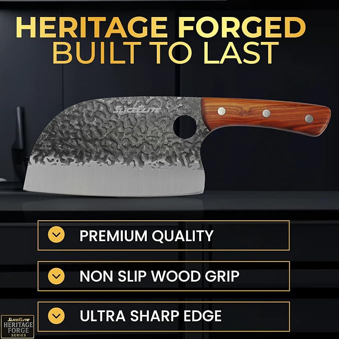 Serbian Chef Knife Vegetable Chopper Meat Cutting Kitchen Knife Food Prep | Hammered Pattern Forged Steel • Full Tang • Sandalwood Handle • Chopping • Slicing • Kitchen • BBQ • Grilling • Outdoor
