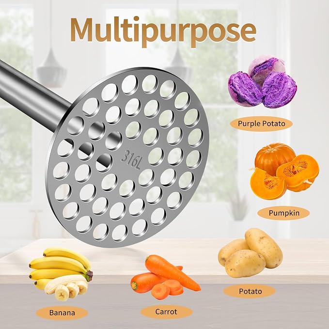 316L Potato Masher Stainless Steel, BOMANSI BOMS Sturdy Mashed Potato Masher Kitchen Tool, Solid Integrated Potatoes Smasher for Beans, Avocados, Squash, Dishwasher Safe
