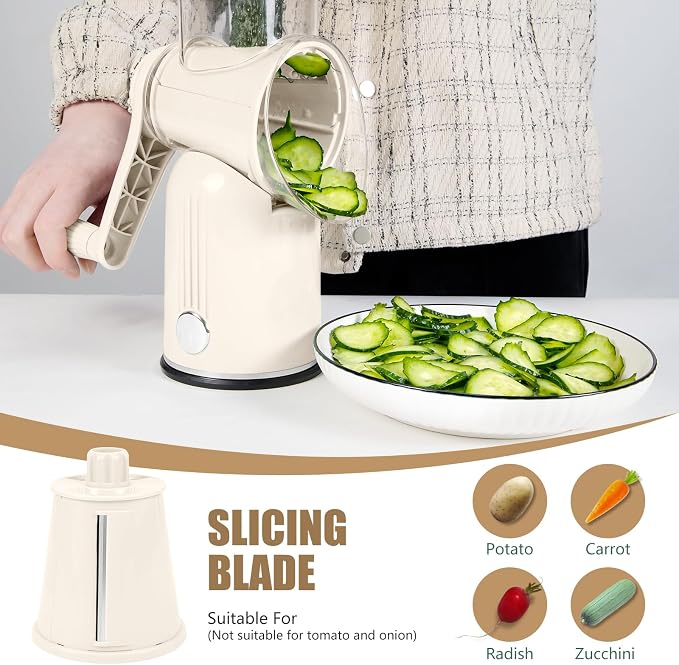 Rotary Cheese Grater with Handle: 5-in-1 Cheese Grater Hand Crank, Strong Suction Base for Fruit Vegetables Nuts with Blade Storage Box (White)