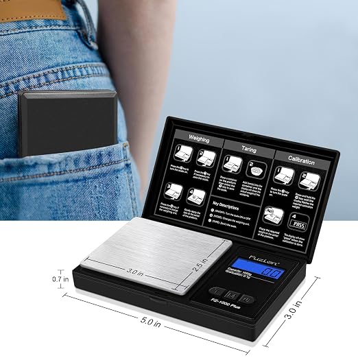 Fuzion Digital Pocket Gram Scale 0.1g/1000g - Small Food Scale with Tray | Weighs Small Food, Spice, Herb, Coin - Easy of Use, LCD Display, Tare Function, 6 Modes Ounces Grains, Batteries Included