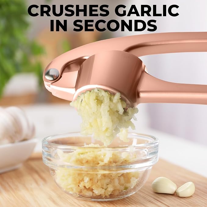 Zulay Kitchen Premium Garlic Press Set - Rust Proof Professional Garlic Mincer Tool - Easy-Squeeze, Easy-Clean with Soft Handle - Silicone Garlic Peeler & Brush (Rose Gold)