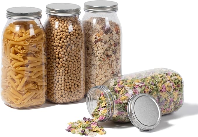 novelinks 64 oz Large Plastic Mason Jars with Airtight Lids Wide Mouth | 2 Pack, Silver, Storage Jars with Airtight Lids, Mason Jars 64oz, Big Jars Wide Mouth, Plastic Storage Containers for Pantry