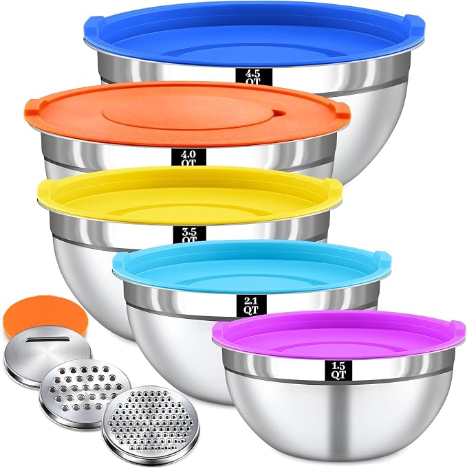 8PCS Mixing Bowls with Lids Set - 5 Nesting Mixing Bowls, 3 Grater Attachments, Lids, Stainless Steel Mixing Bowls for Mixing & Serving, Size 1.5/2.1/3.5/4/4.5 QT, Colorful