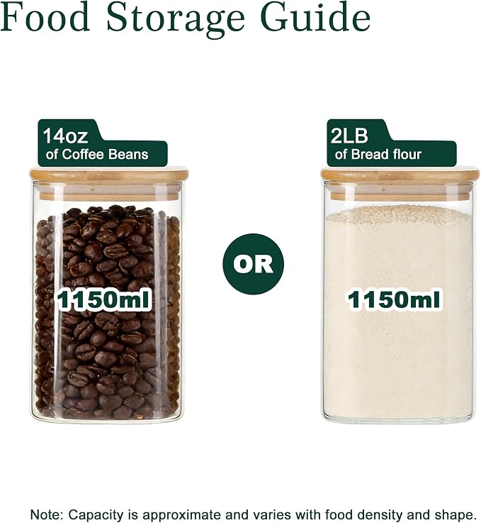 LIBWYS Kitchen Glass Jars Set with Bamboo Lids for Storage (1pcs - 1.22Qt) | Stackable Square Food Jars for Pantry Organization, Coffee, Flour, Snacks, Tea , Sugar | Kitchen Canisters Set