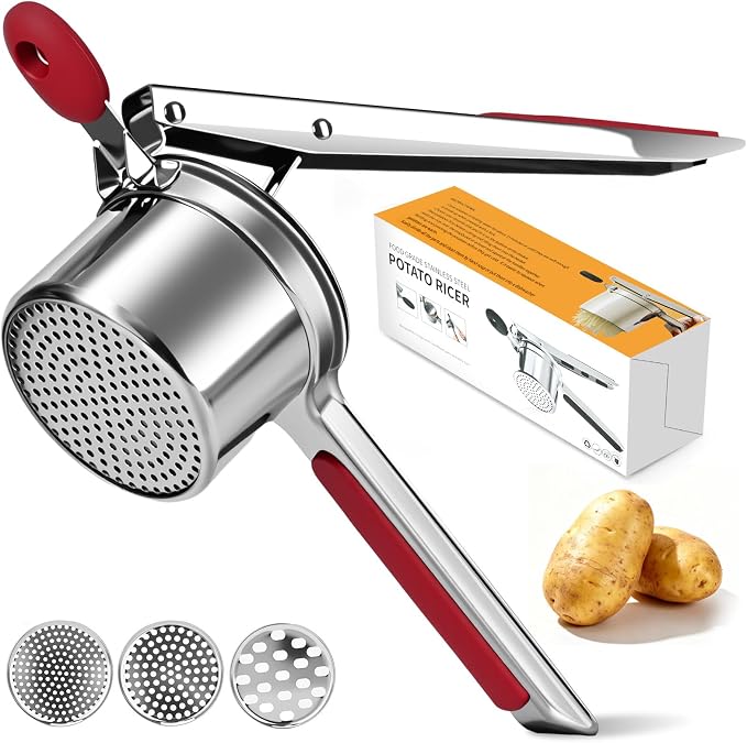 Potato Ricer for Mashed Potatoes-Stainless Steel 15oz | Large Capacity,All Clad,Heavy Duty,Ergonomic Handle for Spaetzle,Oranges, Lemons, Pumpkins, Carrots, Avocados(RED)