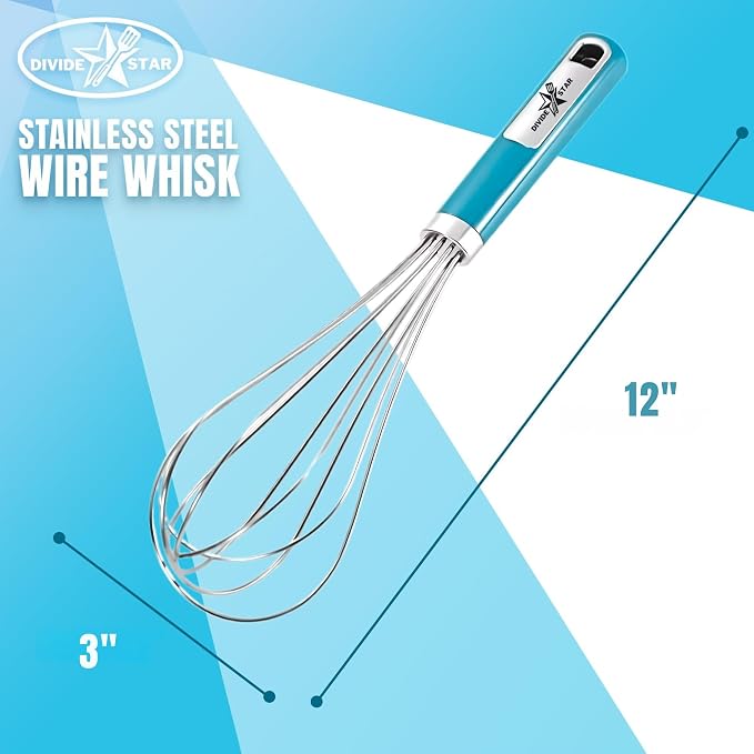 Stainless Steel Whisk 12 Inch Large Balloon, Turquoise | Heavy-Duty Hand Mixer, Ergonomic Handle, Food Grade Kitchen Tool for Eggs, Batter & Cream, Dishwasher Safe, For Baking