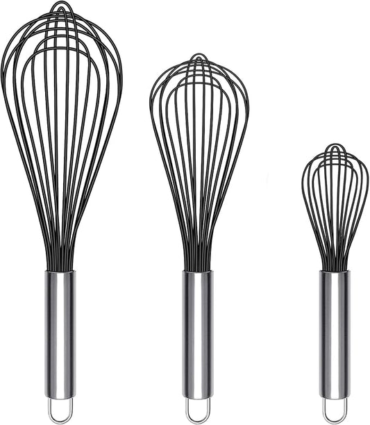 TEEVEA Silicone Whisk Set Non Scratch BPA Free for Nonstick Cookware, 3 Piece 8/10/12 Inch Stainless Steel Core Heat Resistant, Egg Beater for Cooking Baking, Black