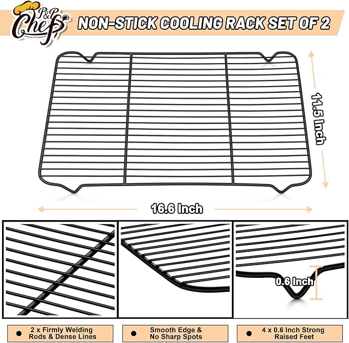 P&P CHEF Cooling Baking Rack Pack of 2, 16.6" x 11.5", Stainless Steel Cooling Racks for Cooking Baking Roasting Grilling Drying, Dense Wires & Smooth Edge, Easy to Clean, Black