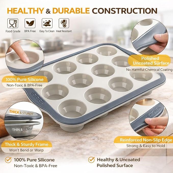 Silicone Muffin Pan 12 Cup, Non Stick Cupcake Baking Mold, Food Grade Heat Resistant Muffin Tray for Oven Baking Cupcakes (Gray)