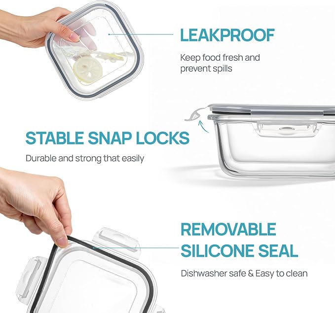Vtopmart 5Pack 27oz Glass Food Storage Containers with Lids, Grey | Glass Meal Prep Container Sets, Sandwich Containers, Snap Airtight Lid For Microwave, Oven, Freezer and Dishwasher, BPA Free
