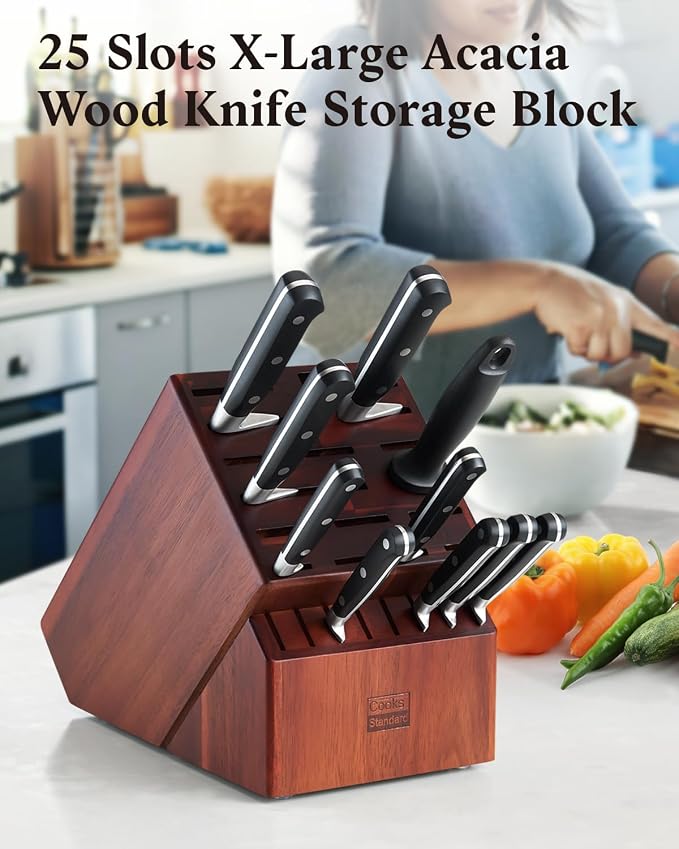 Cooks Standard Classic Bamboo Cutlery Block Holder without Knives, X-Large Universal Countertop Butcher Block Kitchen Knife Stand for Easy Kitchen Storage, Made of Natural Acacia Wood, 25 Slot