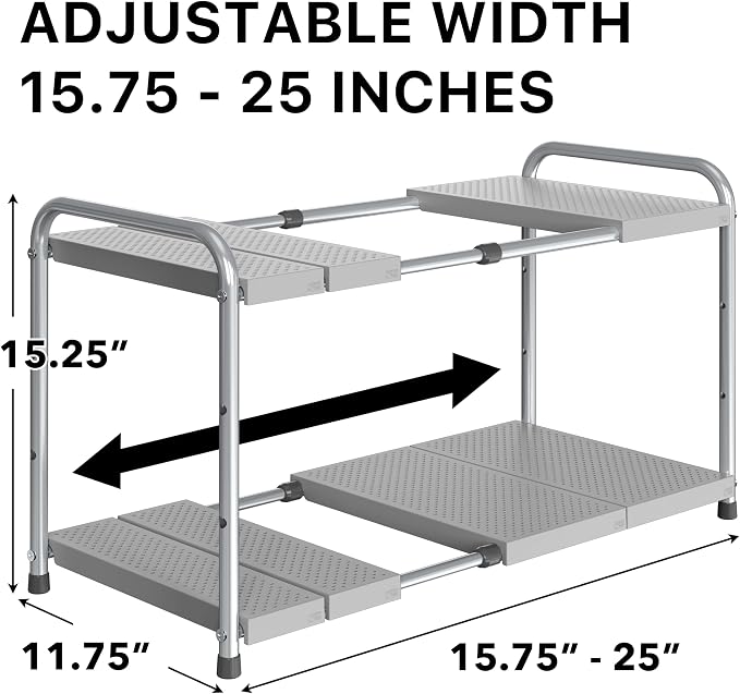 Simple Houseware Under Sink 2-Tier Heavy Duty Expandable Organizer, Silver | Adjustable Width 15.75–25 Inches with 4 Shelf Height Levels