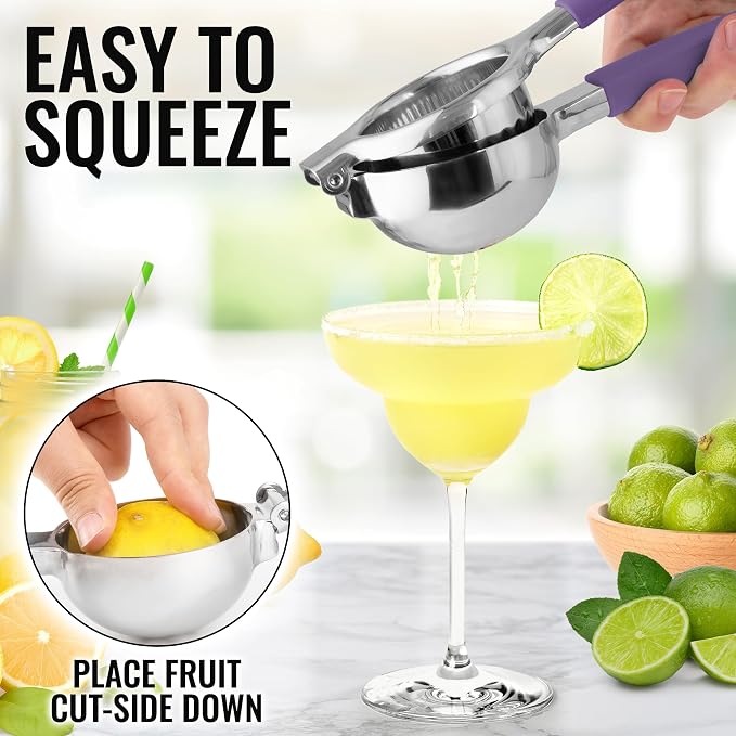 Zulay Kitchen Lemon Squeezer Stainless Steel with Premium Heavy Duty Solid Metal Squeezer Bowl and Food Grade Silicone Handles - Large Manual Citrus Press Juicer and SS Lime Squeezer (Purple)